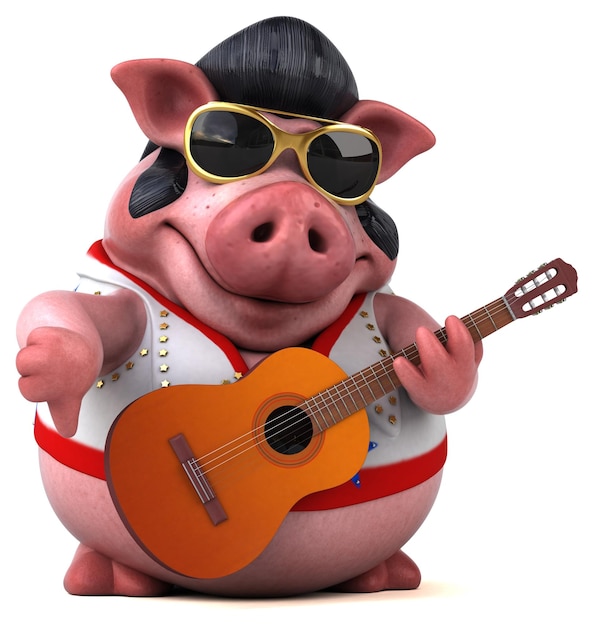 Fun 3D cartoon illustration of a pig rocker