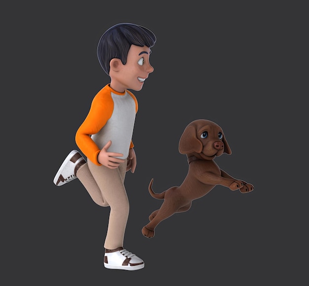 3Dカートゥーン 子供と犬のランニング