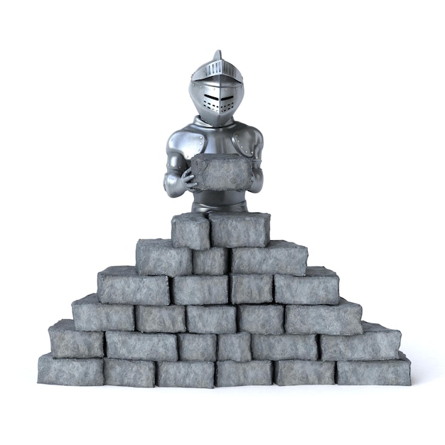 Fun 3D cartoon knight building a wall