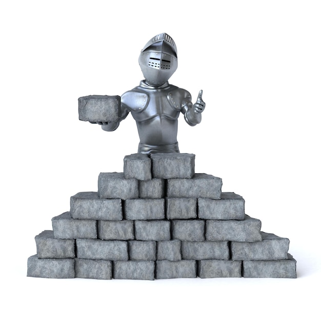 Fun 3D cartoon knight building a wall