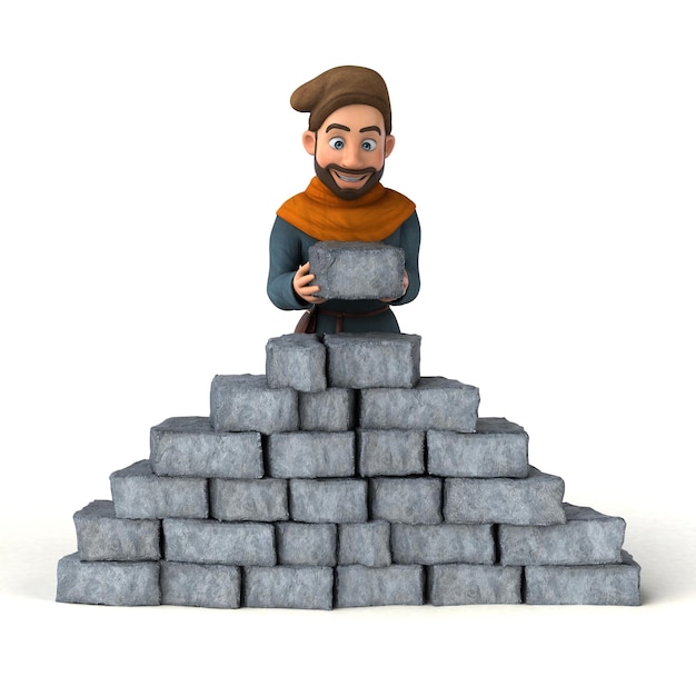 Fun 3D cartoon medieval man building a wall