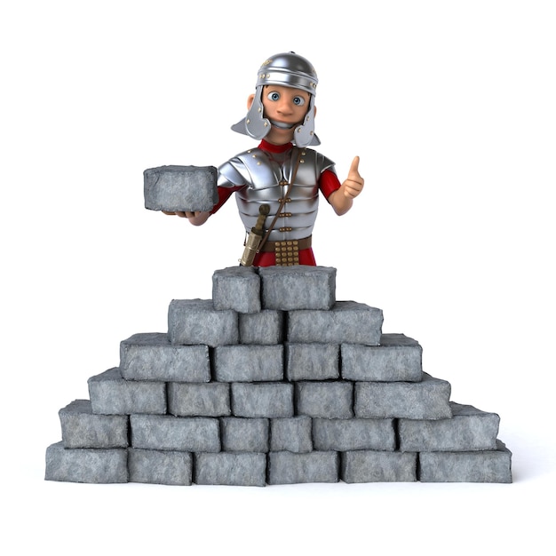 Fun 3D cartoon roman soldier building a wall