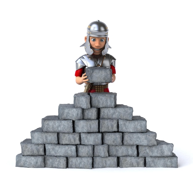 Fun 3D cartoon roman soldier building a wall