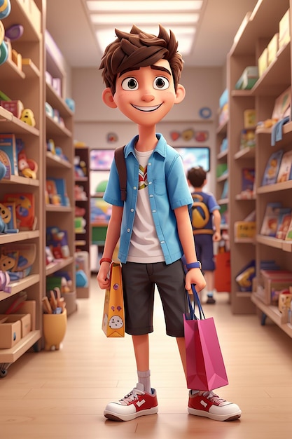 Fun 3d cartoon teenage boy shopping