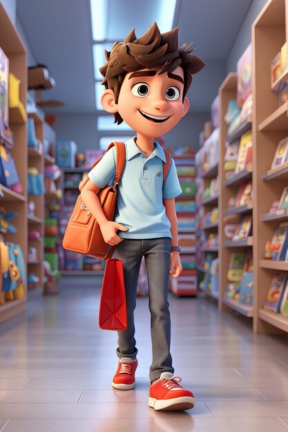 Fun 3d cartoon teenage boy shopping