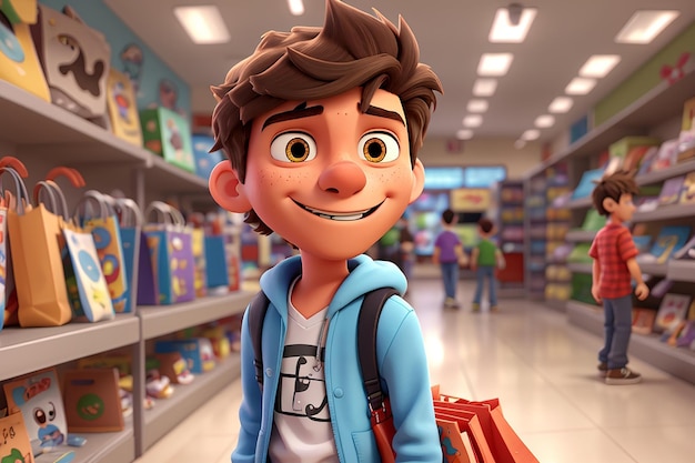 Fun 3d cartoon teenage boy shopping