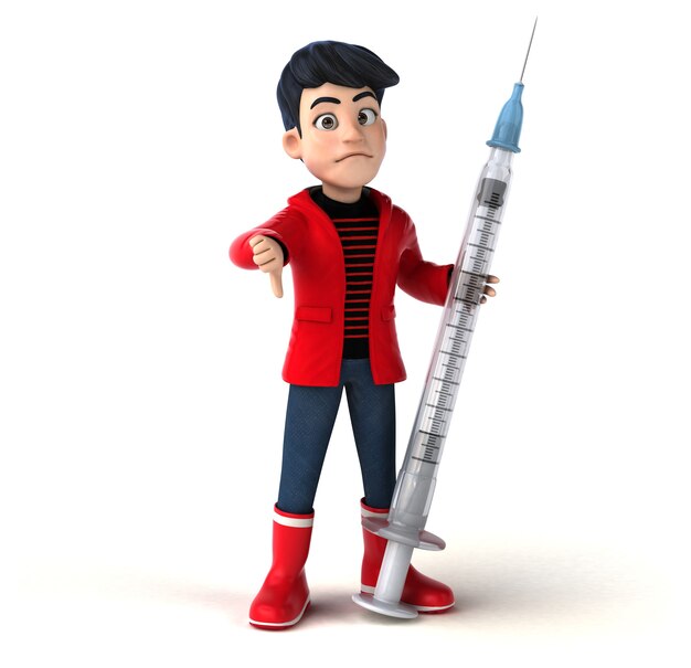 Fun 3D cartoon teenage boy with a syringe