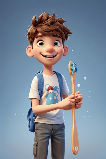 Fun 3d cartoon teenage boy with a toothbrush