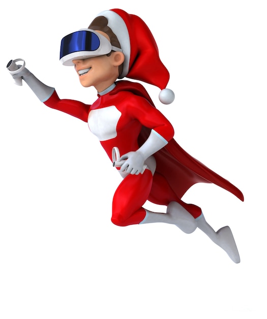 Забавный 3D-персонаж супер Санта-Клауса в шлеме виртуальной реальности