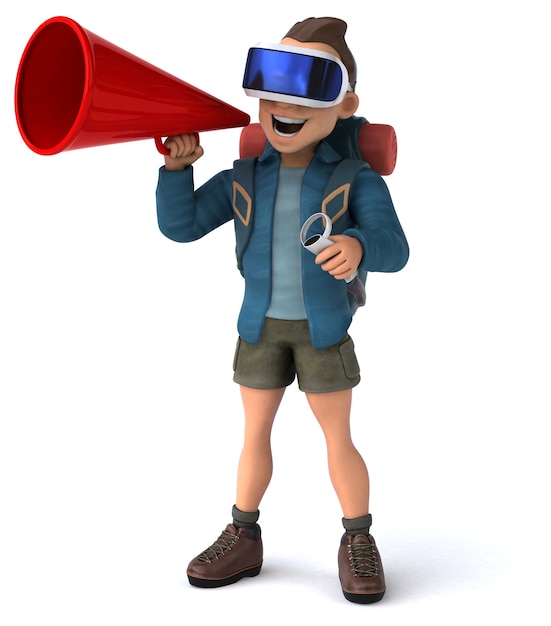 VR 헬멧으로 배낭 여행자의 재미있는 3D 일러스트