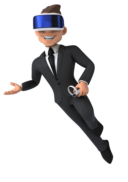 Fun 3D illustration of a cartoon businessman with a VR helmet