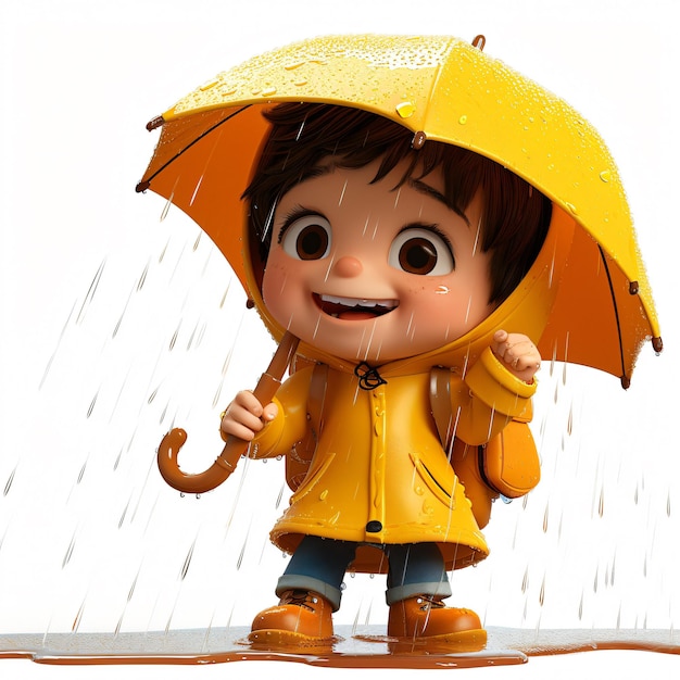 Fun 3D illustration of a cartoon kid with rain gear