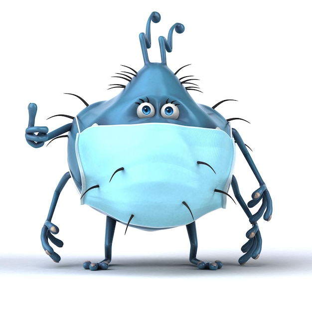 Fun 3D illustration of a cartoon microbe with a mask