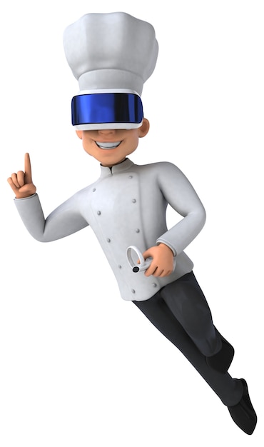 VR 헬멧을 가진 요리사의 재미있는 3D 일러스트
