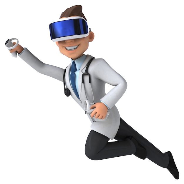 Веселая трехмерная иллюстрация врача в шлеме виртуальной реальности