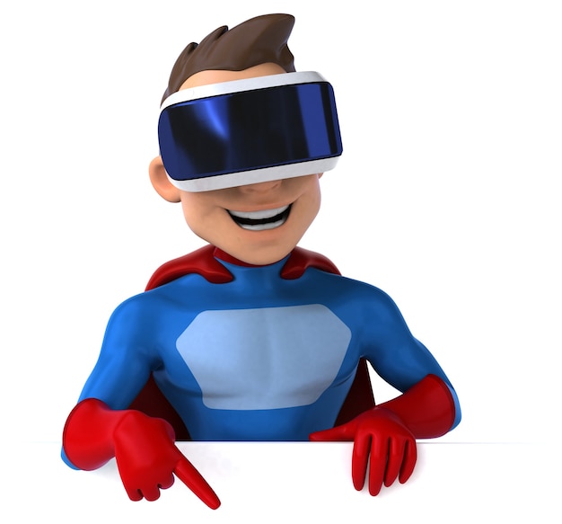 Divertente illustrazione 3d di un supereroe con un casco vr