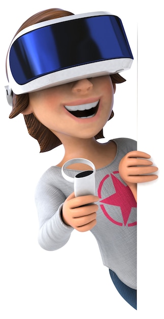 VR 헬멧을 가진 십대 소녀의 재미있는 3D 일러스트