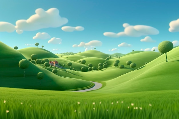 Fun and Happy Pixar Rolling Green Hills Een visuele reis AI Generative