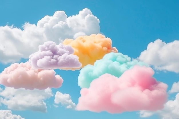 Fun background cottony childish colored clouds in a blue sky