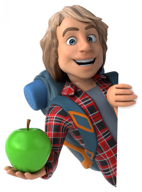 Fun backpacker cartoon guy with apple