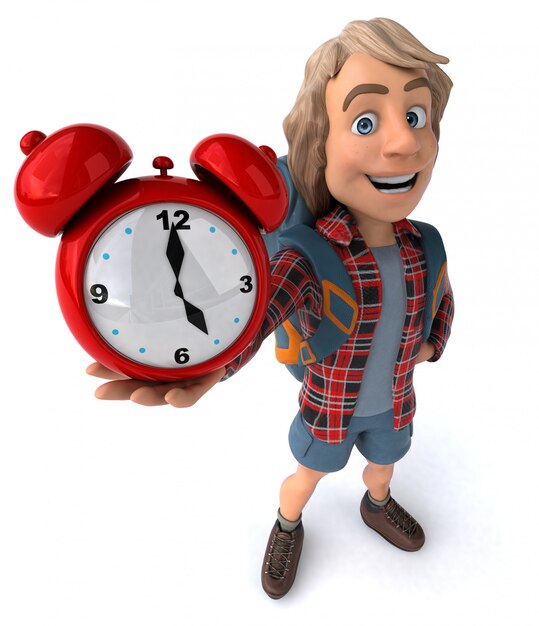 Fun backpacker cartoon guy with red clock