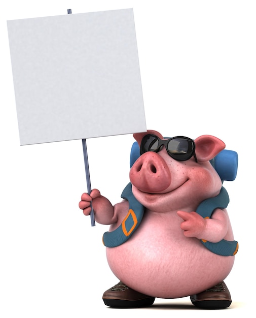 Fun backpacker pig cartoon character