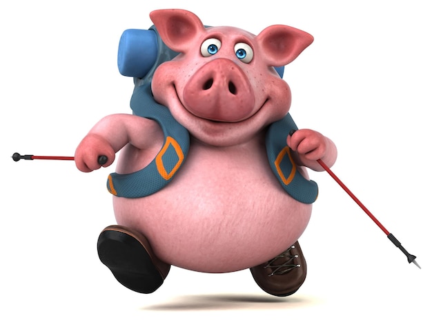 Fun backpacker pig cartoon character