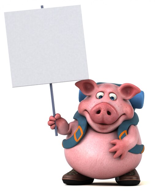 Fun backpacker pig cartoon character