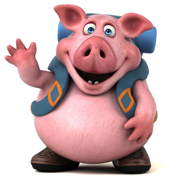 Fun backpacker pig cartoon character