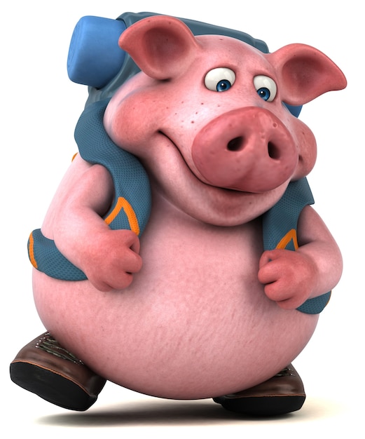 Fun backpacker pig cartoon character