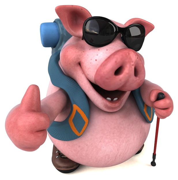 Fun backpacker pig cartoon character