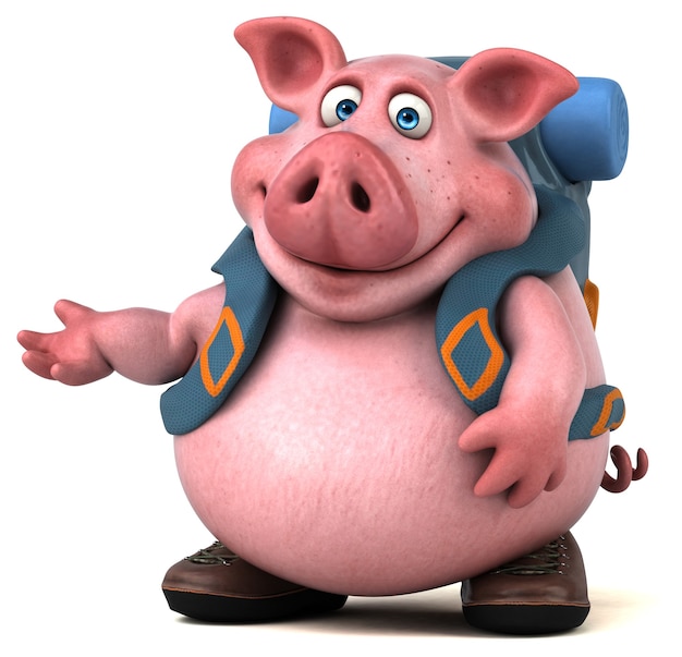 Fun backpacker pig cartoon character