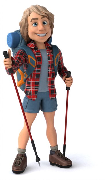 Fun backpacker with walking sticks animation