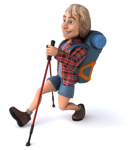 Fun backpacker with walking sticks animation