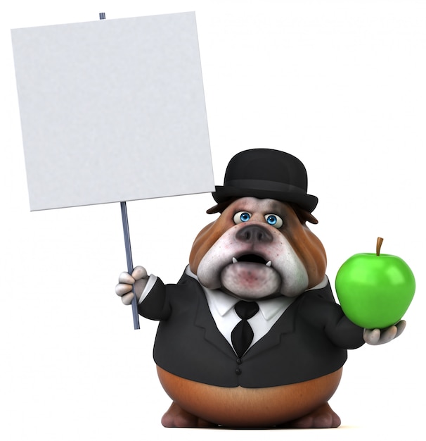 Fun bulldog with apple  and blank board