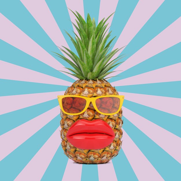 Photo fun cartoon fashion hipster cut pineapple character with yellow sunglasses and big red lips on a vintage star shape pink and blue background. 3d rendering