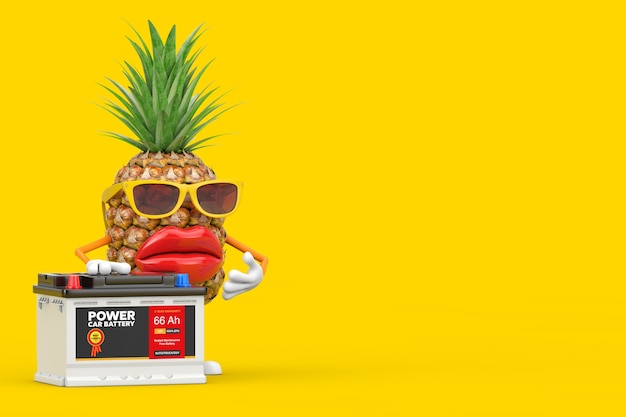 Fun Cartoon Fashion Hipster Cut Pineapple Person Character Mascot and Rechargeable Car Battery 12V Accumulator with Abstract Label on a yellow background. 3d Rendering