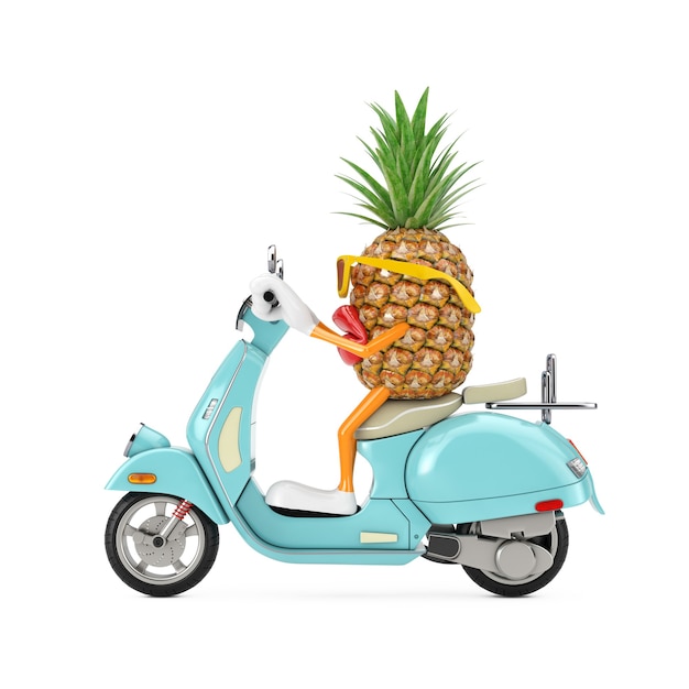 Fun Cartoon Fashion Hipster Cut Pineapple Person Character Mascot Riding Classic Vintage Retro or Electric Scooter on a white background. 3d Rendering