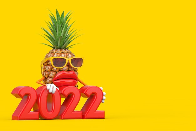 黄色の背景に2022年の新年のサインと楽しい漫画のファッションヒップスターカットパイナップルの人のキャラクターのマスコット。 3Dレンダリング