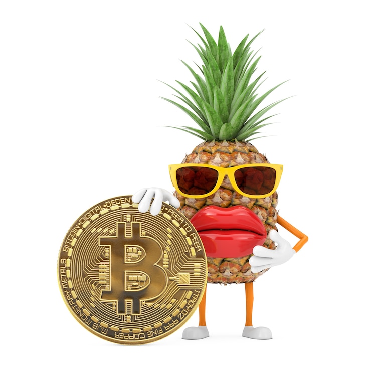 फोटो fun cartoon fashion hipster cut pineapple person character mascot with digital and cryptocurrency golden bitcoin coin on a white background. 3d rendering