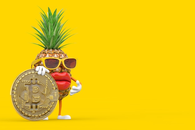 Забавный мультяшный модный хипстерский талисман персонажа ананаса с цифровой и криптовалютной золотой биткойн-монетой на желтом фоне. 3d рендеринг