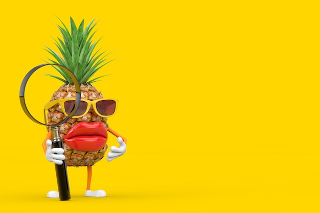 Fun Cartoon Fashion Hipster Cut Pineapple Person Character Mascot with Magnifying Glass on a yellow background. 3d Rendering