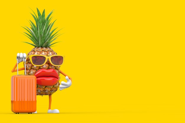 Fun Cartoon Fashion Hipster Cut Pineapple Person Character Mascot with Orange Travel Suitcase on a yellow background. 3d Rendering