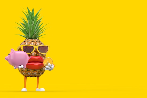 Fun Cartoon Fashion Hipster Cut Pineapple Person Character Mascot with Piggy Bank and Golden Dollar Coin on a yellow background. 3d Rendering