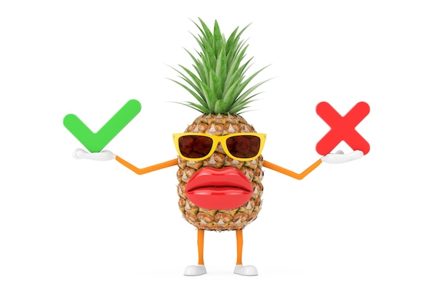 Divertente cartone animato moda hipster tagliare ananas persona personaggio mascotte con croce rossa e segno di spunta verde, confermare o negare, sì o no icona segno su sfondo bianco. rendering 3d
