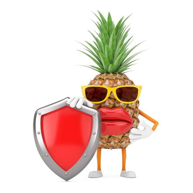 Divertente cartone animato moda hipster tagliare ananas persona personaggio mascotte con scudo di protezione in metallo rosso su sfondo bianco. rendering 3d