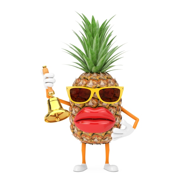 Fun Cartoon Fashion Hipster Cut Pineapple Person Character Mascot with Vintage Golden School Bell on a white background. 3d Rendering
