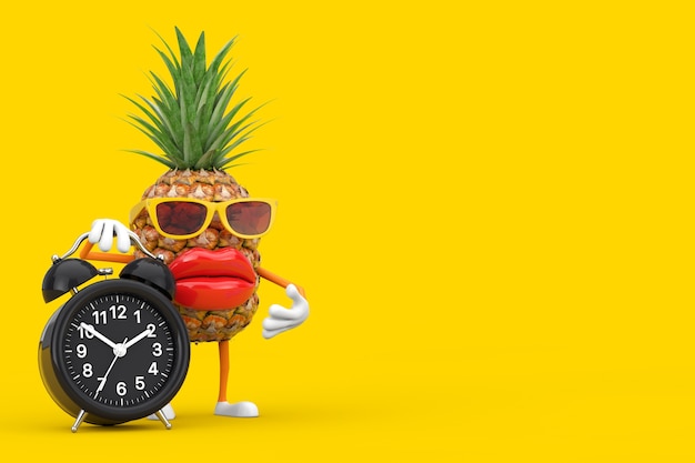 Fun Cartoon Fashion Hipster Cut Pineapple Person Character Mascot with with Alarm Clock on a yellow background. 3d Rendering