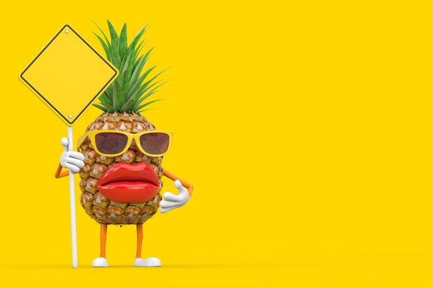 Fun cartoon fashion hipster cut pineapple person character mascot and yellow road sign with free space for yours design on a yellow background. 3d rendering