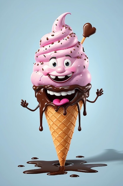 Fun character of an ice cream cone smiling and dripping